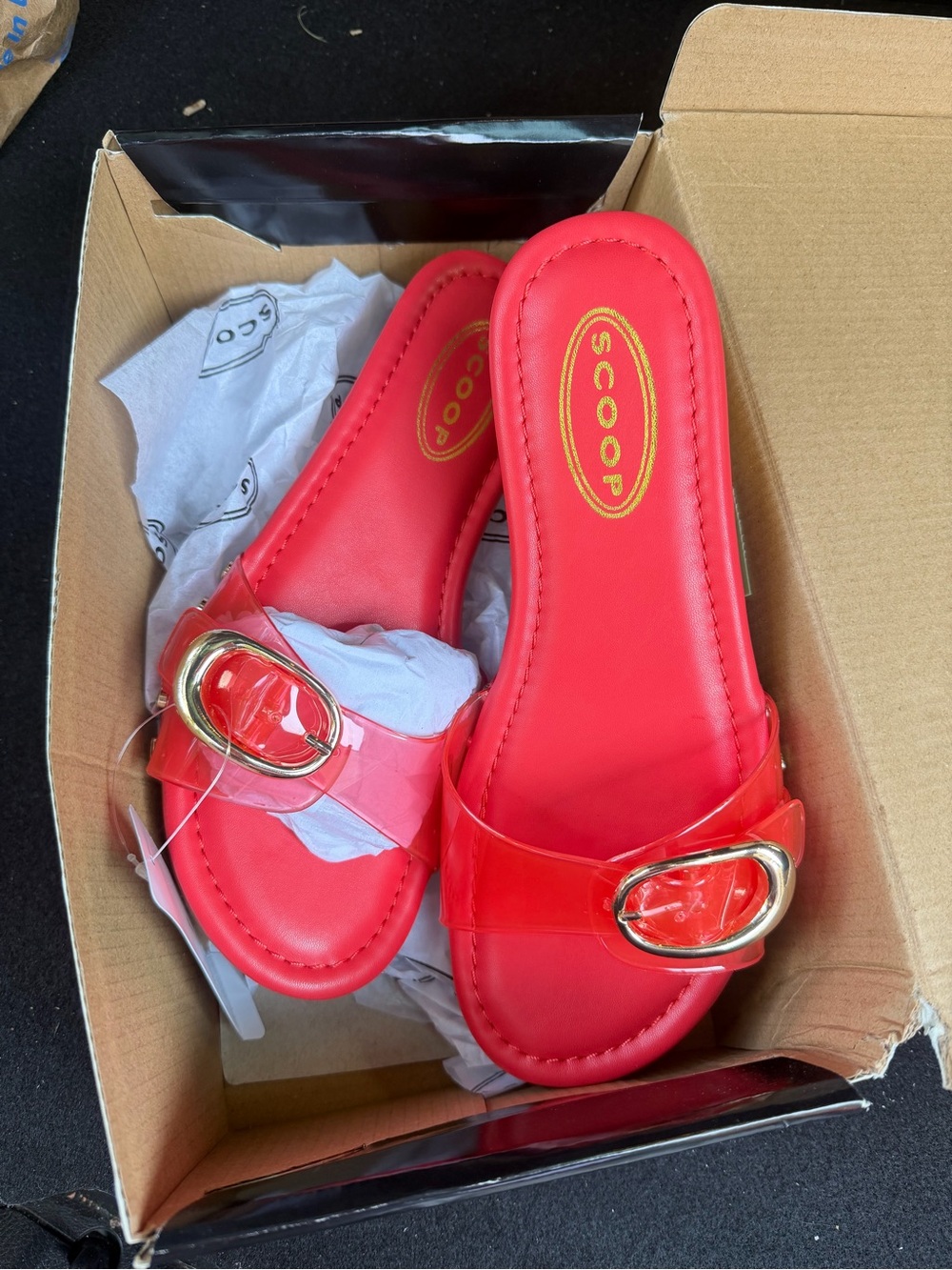 Scoop Red Slide Sandals with Gold Accent Buckle